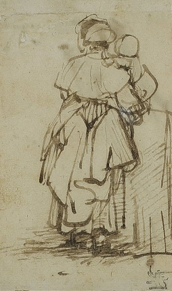 Rembrandt Harmensz van Rijn (Leyde 1606 – 1669 Amsterdam), {Étude d'une femme tenant un enfant dans les bras}, vers 1650