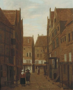 {Une rue avec un couple en conversation}, panneau, 38,2 × 31,9 cm