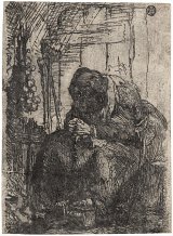 7a. Rembrandt Harmensz van Rijn (Leiden 1606 – 1669 Amsterdam), {Old Woman Seated in a Cottage, with a String of Onions on the Wall}, ca. 1629
