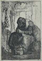 7b. Rembrandt Harmensz van Rijn (Leiden 1606 – 1669 Amsterdam), {Old Woman Seated in a Cottage, with a String of Onions on the Wall}, ca. 1629