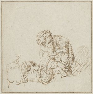 Rembrandt Harmensz van Rijn (1606-1669), {Woman with a Child Frightened by a Dog}, c. 1635-1636