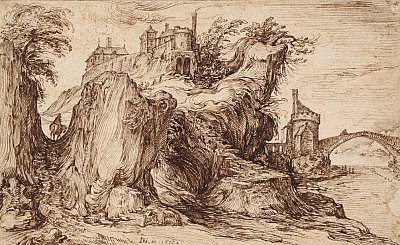 Jacques de Gheyn II (c. 1565-1629), {Rocky Mountain Landscape with a Castle}, 1603